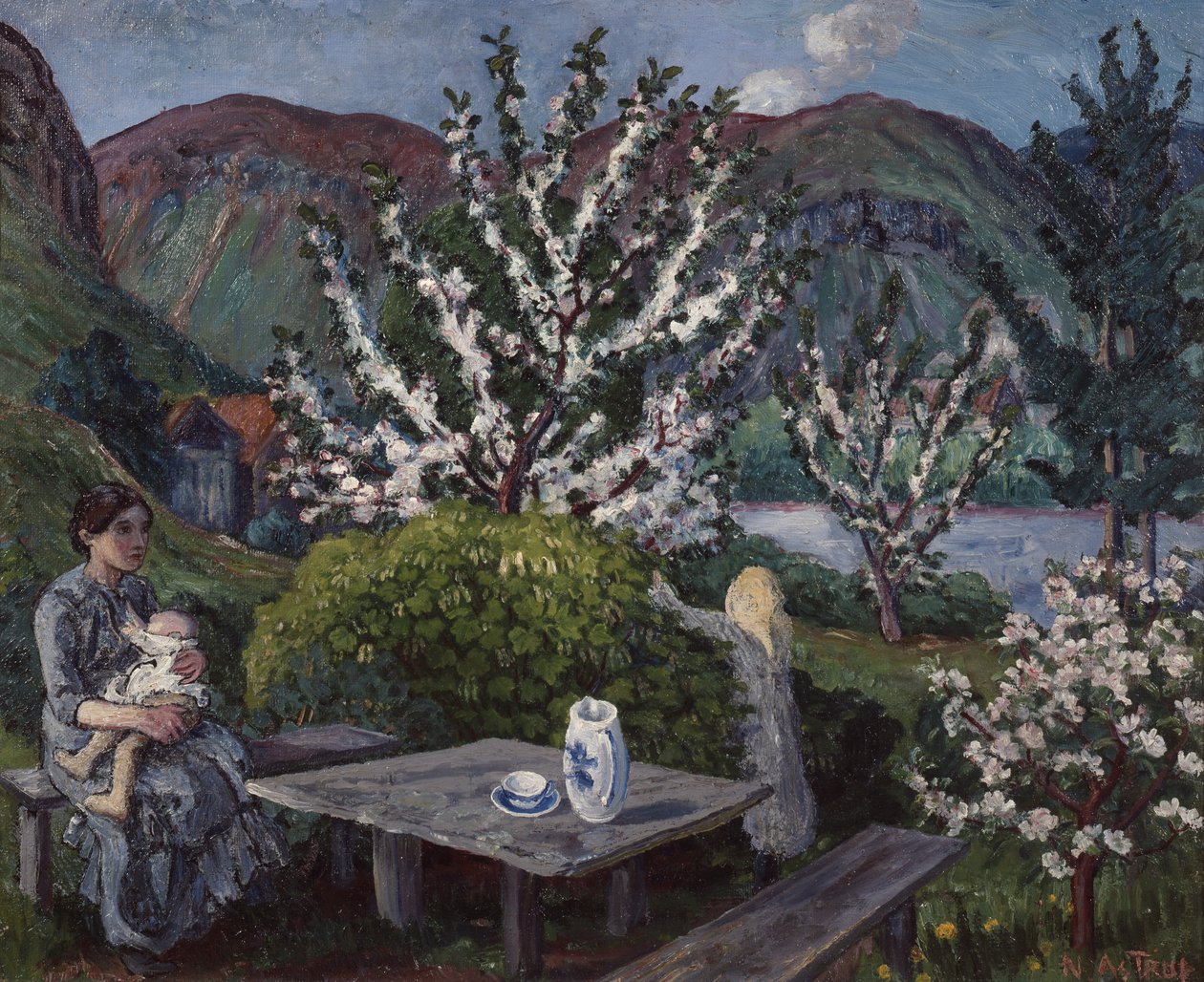 Matka i dziecko przy stole ogrodowym autorstwa Nikolai Astrup