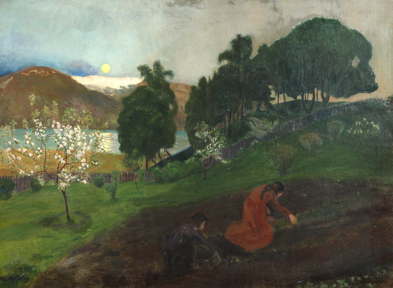 Wiosenna noc w ogrodzie (Nocna praca w ogrodzie) autorstwa Nikolai Astrup
