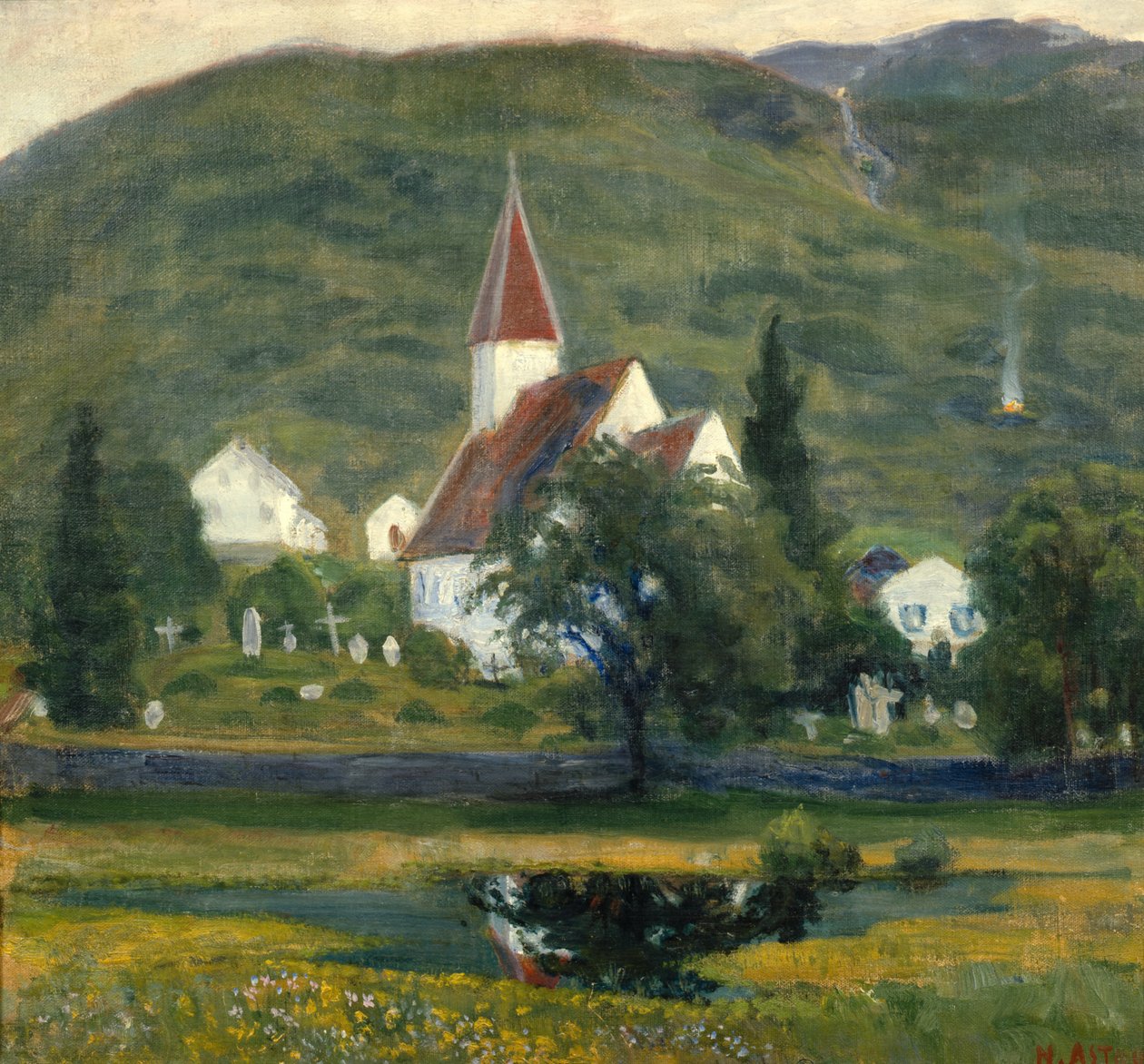 Kościół w Ålhus, środek lata autorstwa Nikolai Astrup