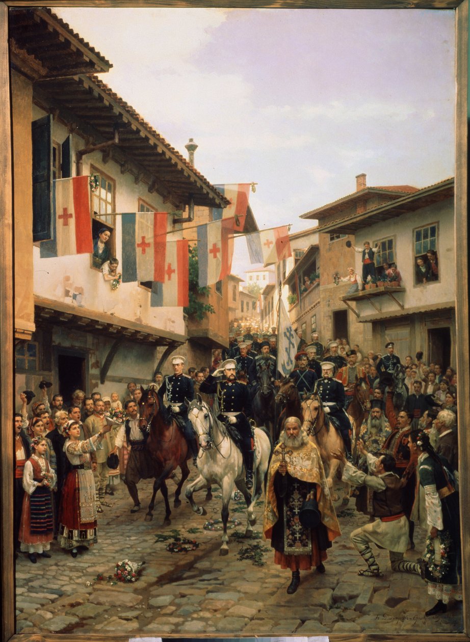 Wojna rosyjsko-turecka (rosyjsko-turecka) z lat 1877-1878: „Wielki książę (wielki książę) Mikołaj Nikołajewicz Rosji (Mikołaj Nikołajewicz Starszy) (1831-1891) w Wielkim Tyrnowie w dniu 06.03.1877 w Bułgarii” " Obraz Nikołaja Dmitriewicza Dmitrieva Orenbur autorstwa Nikolai Dmitrievich Dmitriev Orenburgsky