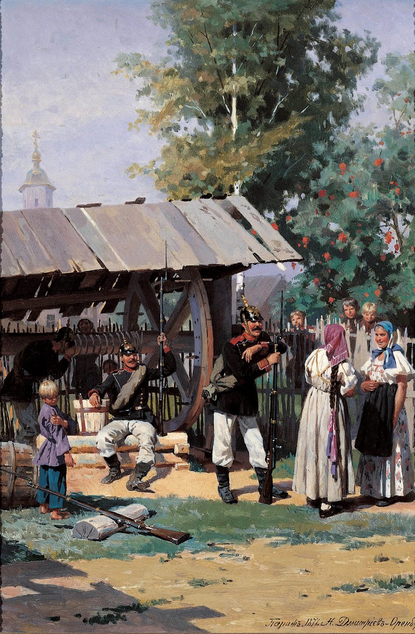 Rosyjscy żołnierze na wsi, 1877 autorstwa Nikolai Dmitrievich Dmitriev Orenburgsky