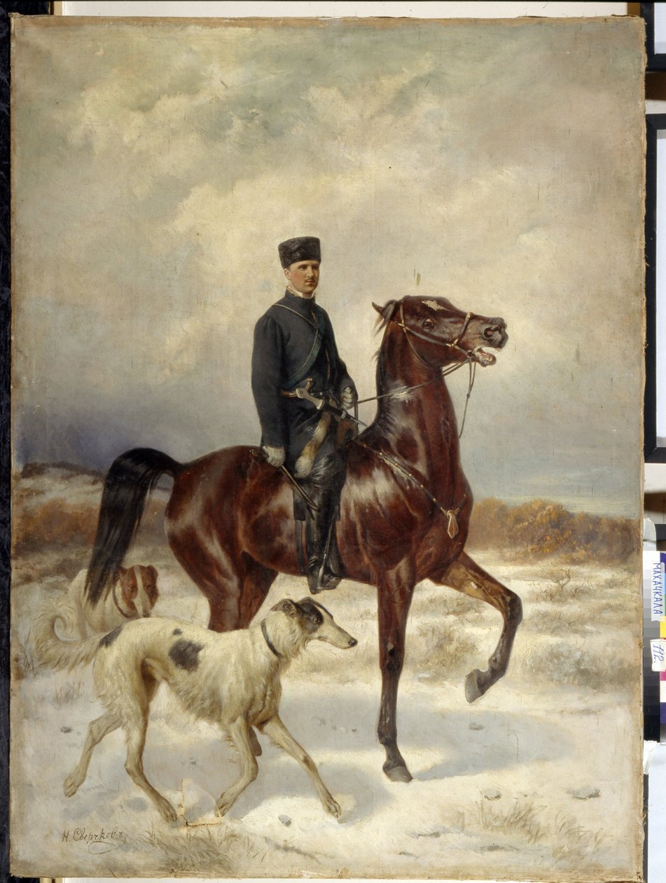 Łowca (Łowca). Na koniu w towarzystwie swoich psów rasy Barzoi (chart rosyjski). Obraz Nikołaja Jegorowicza Sverchkova (Nicolas Swertschkoff) (1817-1898), olej na płótnie. Sztuka rosyjska autorstwa Nikolai Egorevich Sverchkov