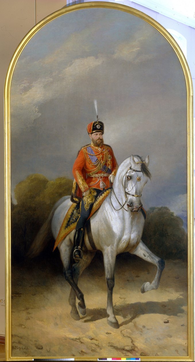 Portret cesarza Aleksandra III (1845-1894) w mundurze pułku husarskiego gwardii cesarskiej. (Portret cesarza Aleksandra III (1845-1894) w mundurze pułku husarskiego gwardii leibskiej). Obraz Nikołaja Jegorowicza Sverchkov autorstwa Nikolai Egorevich Sverchkov