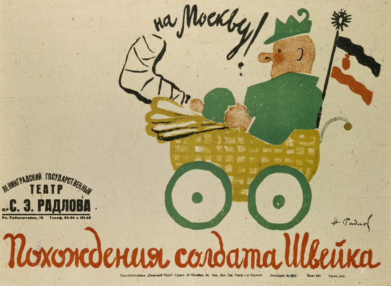 Plakat do sztuki Jaroslava Haška Dobry wojak Szwejk, 1929 autorstwa Nikolai Ernestovich Radlov
