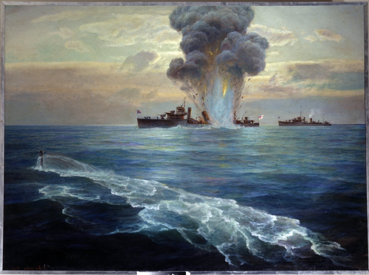 Rosyjska wojna domowa: brytyjski niszczyciel Victoria storpedowany przez bolszewicki okręt podwodny Pantera u wybrzeży wyspy Seskar (Zatoka Fińska), 1 września 1919 (brytyjski niszczyciel Vittoria storpedowany przez bolszewicki okręt podwodny Pantera u wyb autorstwa Nikolai Evlampievich Bublikov