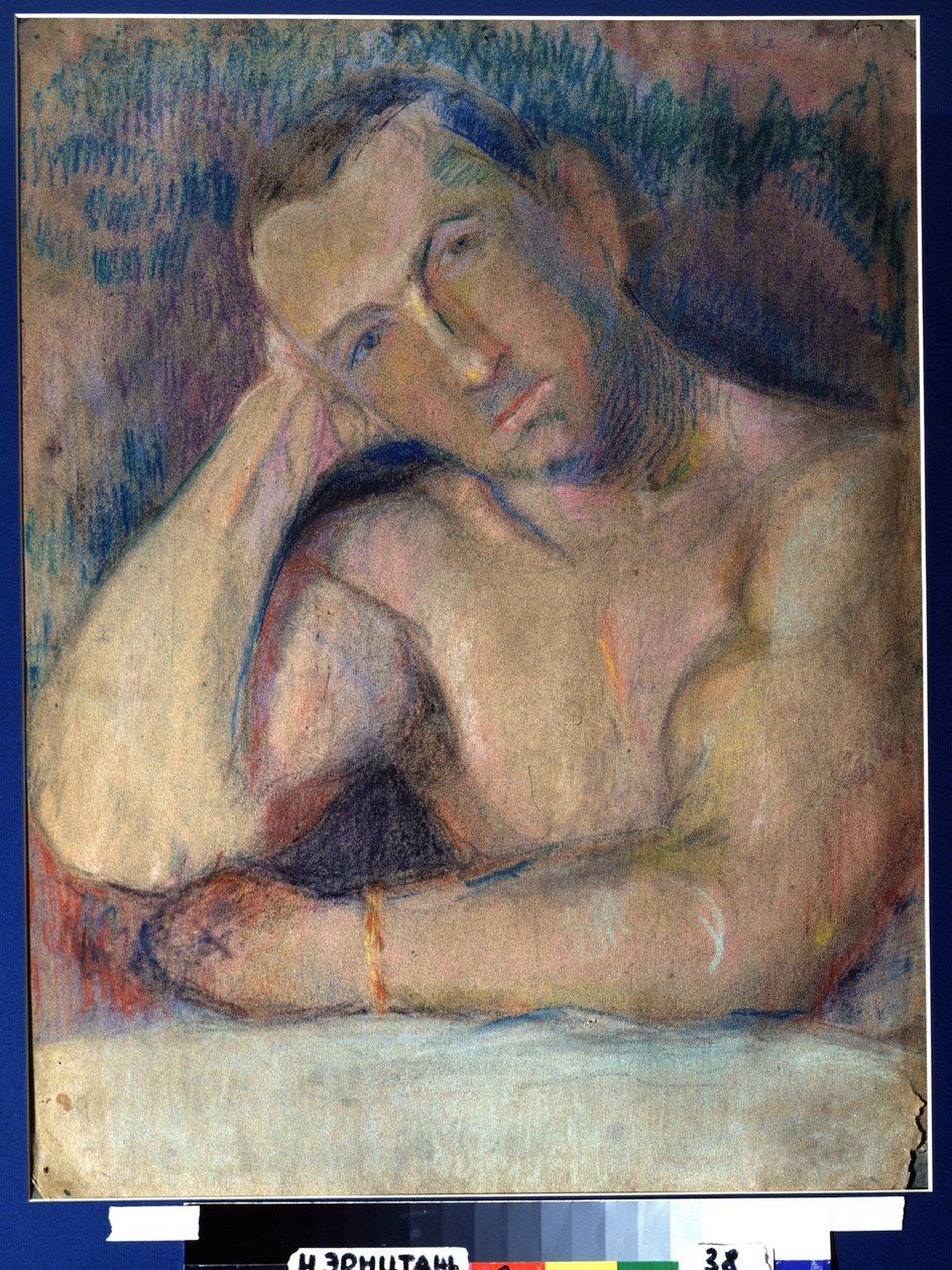 Portrait du poet Benedikt Livchits (1886-1939) (Portret poety Benedikt Livshits) - Represente torse nu, la tete penchee, posee dans sa main - Oeuvre de Nikolai Ivanovich Kulbin (Nicolas Koulbine) (1868-1917), pastel na papierze autorstwa Nikolai Ivanovich Kulbin