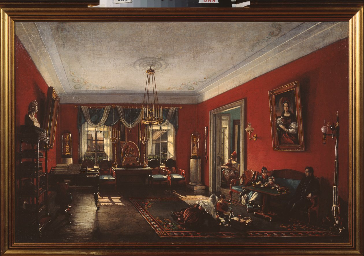 Salon w domu Nashchokin w Moskwie. (Scena z życia codziennego i rodzinnego) - Salon w Domu Nashchokin w Moskwie - Obraz Nikołaja Iwanowicza Podklyuchnikowa (1813-1877), olej na płótnie, początek 1840 r. - Sztuka rosyjska autorstwa Nikolai Ivanovich Podlyuchnikov