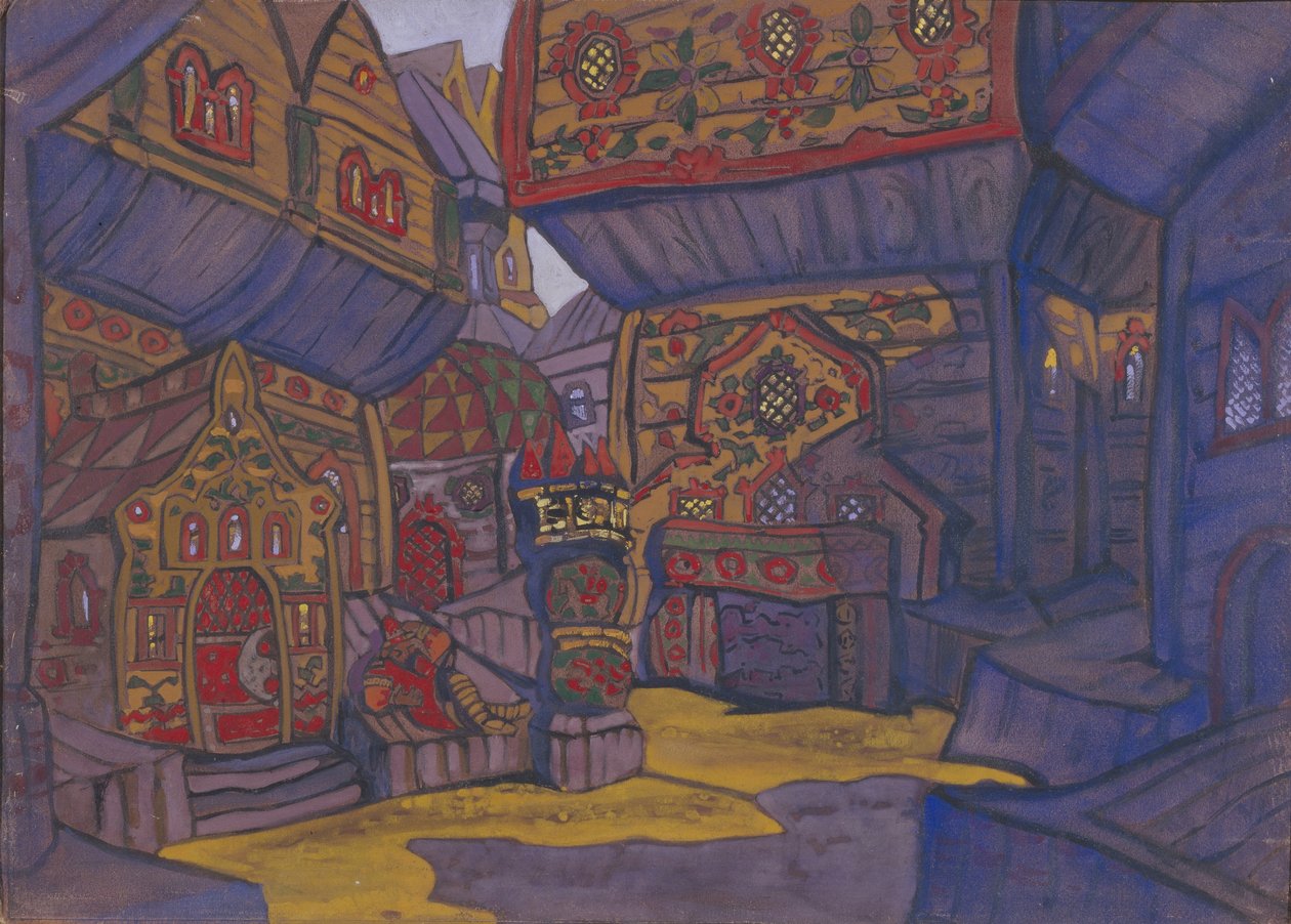 Dwór księcia Włodzimierza Galitskiego. Scenografia do opery Książę Igor A. Borodina, 1914 autorstwa Nikolai Konstantinowitsch Roerich