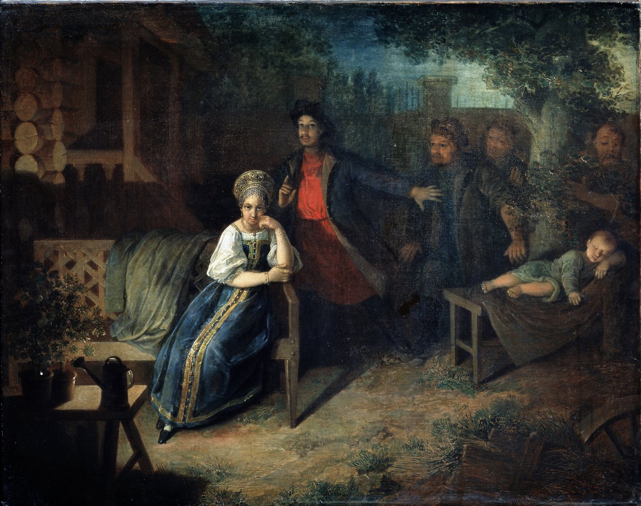 Rabuś Jegor Bashlyk porywa żonę kupca Grunyę. Obraz Nikołaja Michajłowicza Aleksiejewa (1813-1880). Olej na płótnie, 77,7 x 99,2 cm autorstwa Nikolai Mikhailovich Alexeyev
