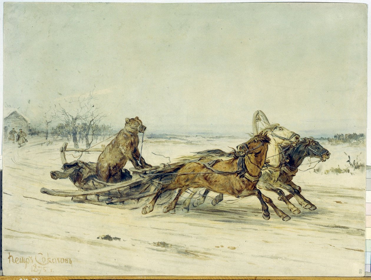 Generał Toptygin - Niedźwiedź z pyskiem, zainstalowany w saniach ciągniętych przez trzy konie (trojkę), z opowiadania Mikołaja (Nikolai) Niekrasowa (1821-1877) - Obraz Piotra (Piotra) Pietrowicza Sokołowa (1821-1899 ), olej na płótnie autorstwa Nikolai Nekrassov