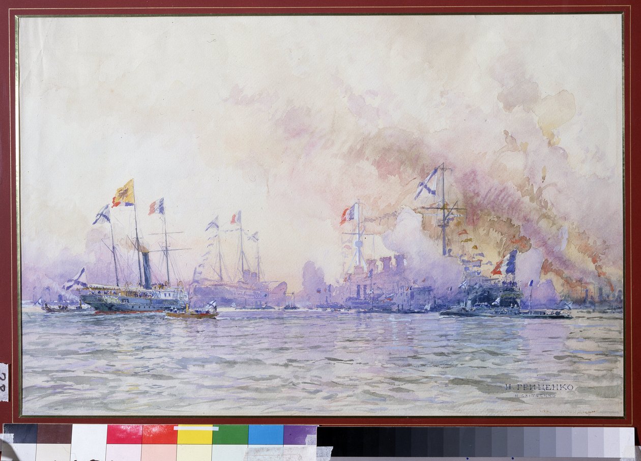 Przybycie francuskiego szwadronu do Krondstadt w 1893 roku. Krajobraz morski, z realistycznym opisem francuskich sił morskich (okręty wojenne, fregaty i korwety), po sojuszu francusko-rosyjskim autorstwa Nikolai Nikolaevich Gritsenko