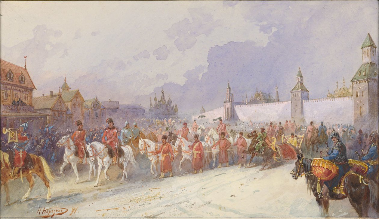Wjazd pojmanej rodziny Kuczum-chana do Moskwy. 1599, 1891. autorstwa Nikolai Nikolayevich Karasin