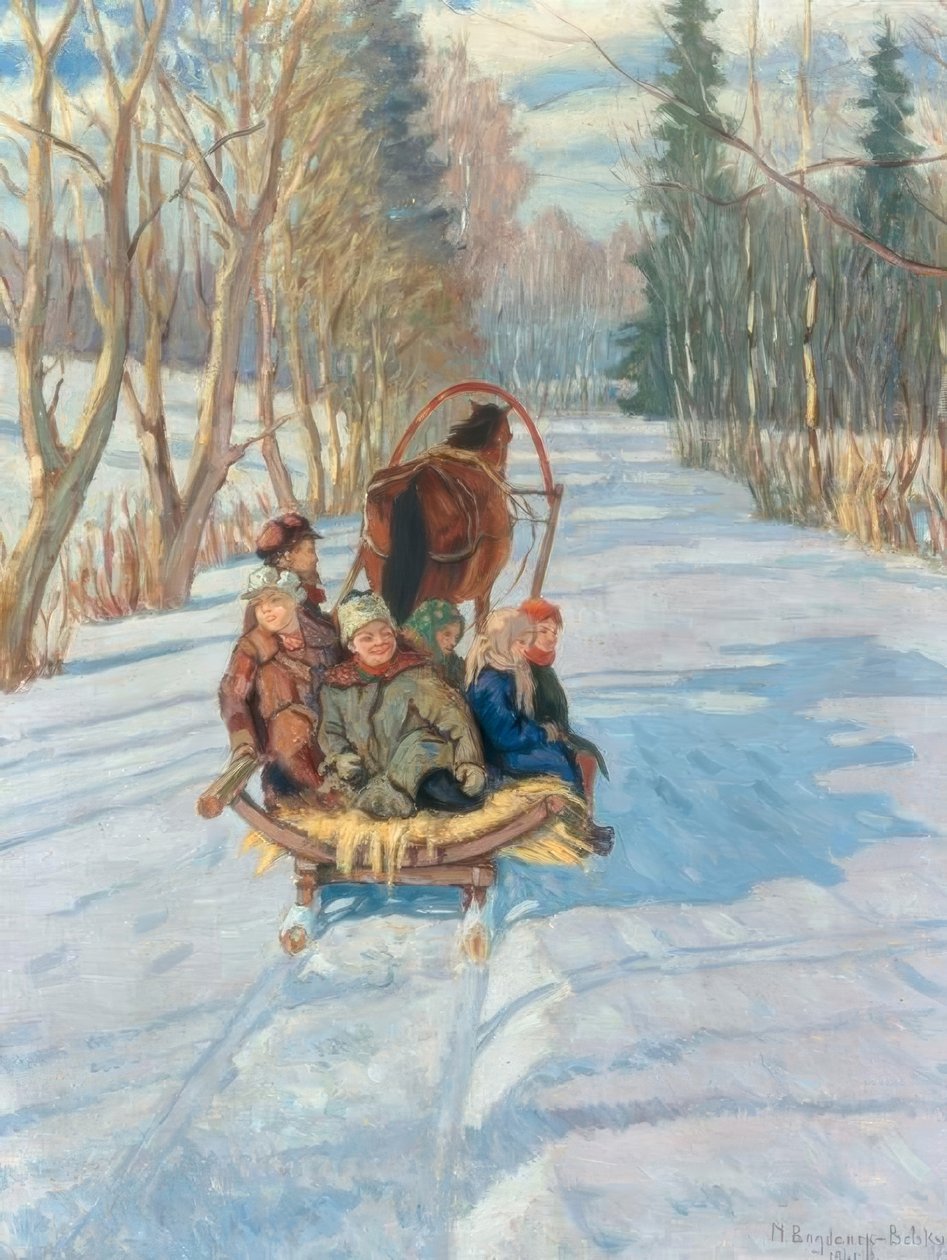 Dzieci na saniach autorstwa Nikolai P. Bogdanow Bjelski