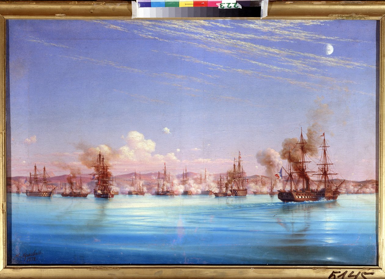 Zbombardowanie Sewastopola przez eskadrę francusko-brytyjską w 1854 r. (Bombardowanie Sewastopola przez brytyjsko-francuską eskadrę w 1854 r.). Odcinek oblężenia miasta w latach 1854-1855, podczas wojny krymskiej między koalicją imperiów osmańskich, f. autorstwa Nikolai Pavlovich Krasovsky