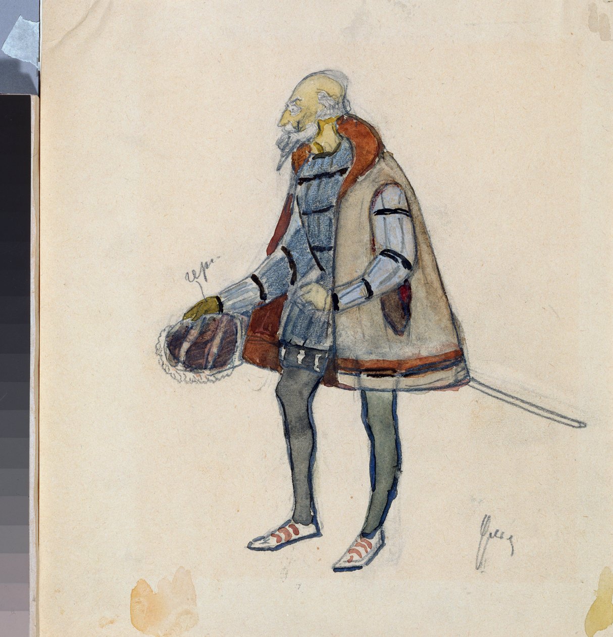 Kostium przygotowawczy Rycerz Skąpiec do sztuki teatralnej „Avare Knight” Aleksandra Puszkina (1799-1837) (Projekt kostiumów do sztuki teatralnej Skąpiec Rycerz Puszkina) - Praca Nikołaja Pawłowicza Uljanowa (Ulyanov) ( 1875-1949), ur autorstwa Nikolai Pavlovich Ulyanov
