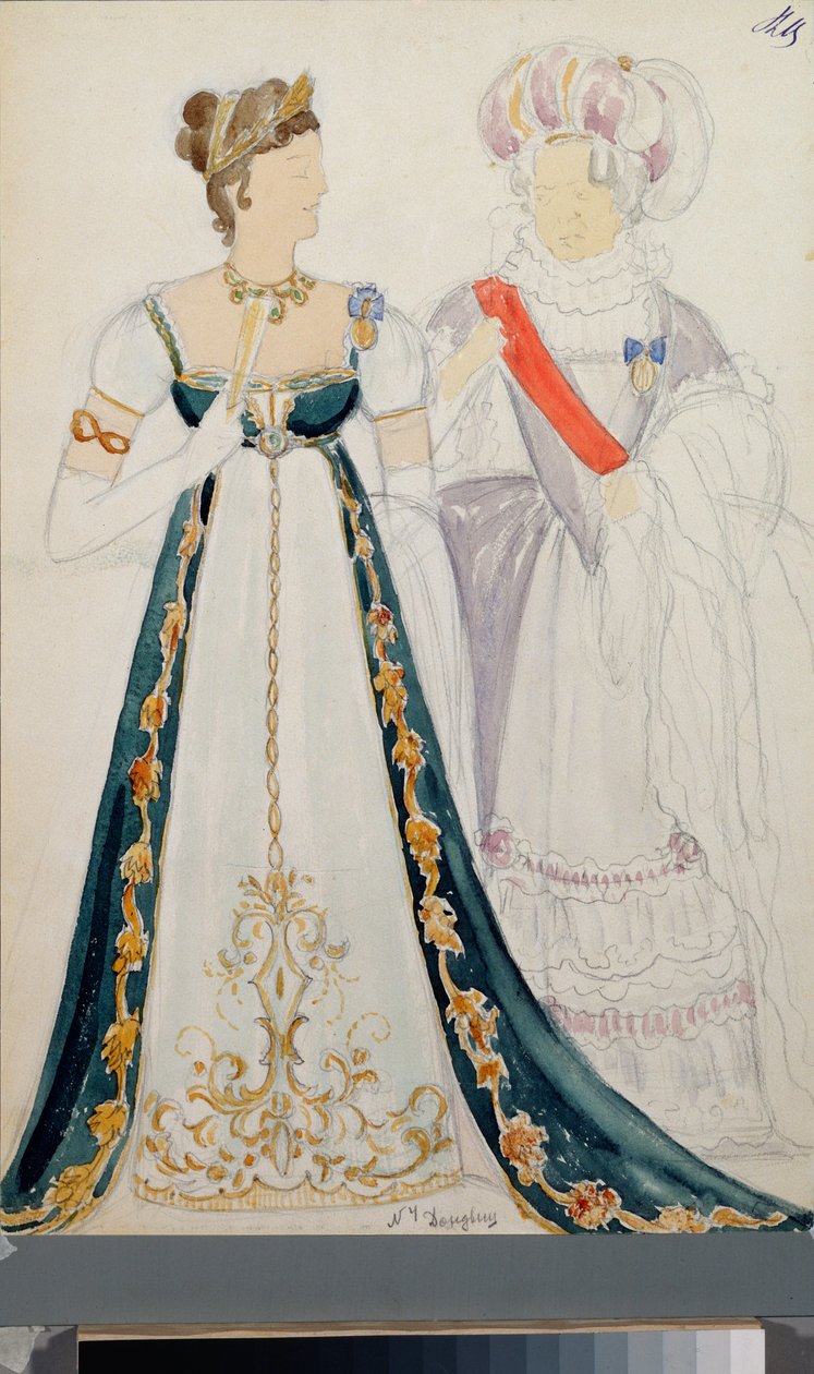 Kostiumy przygotowawcze, dwie kobiety, do opery "Eugeniusz Oneguine" Piotra Czajkowskiego (1840-1893) , ołówek i akwarela na papierze autorstwa Nikolai Pavlovich Ulyanov