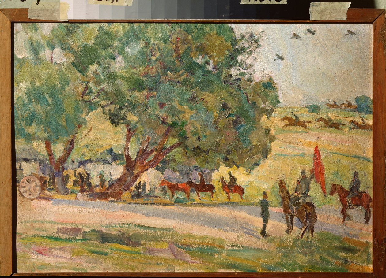 Manewry wojskowe w okolicach Moskwy (Manewry pod Moskwą) - Praca Nikołaja Pawłowicza Uljanowa (Ulianowa) (1875-1949), olej na tekturze autorstwa Nikolai Pavlovich Ulyanov