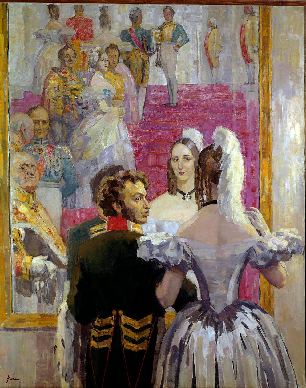 Rosyjski poeta Aleksander Puszkin (Puszkin) (1799-1837) i jego żona Natalia Gontczarowa (Gonczarowa) na balu pałacowym Aniczkofa. Obraz Nikołaja Pawłowicza Uljanowa (Uljanowa) (1875-1949) autorstwa Nikolai Pavlovich Ulyanov