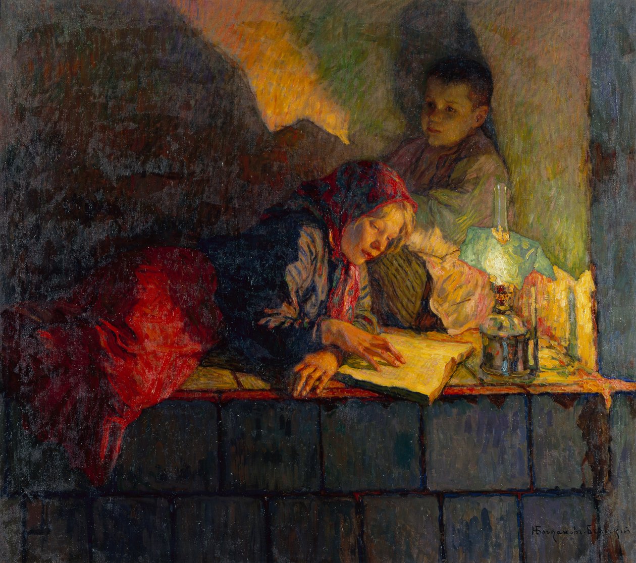 Dzieci czytające przy świecach (olej na płótnie) autorstwa Nikolai Petrovich Bogdanov Belsky