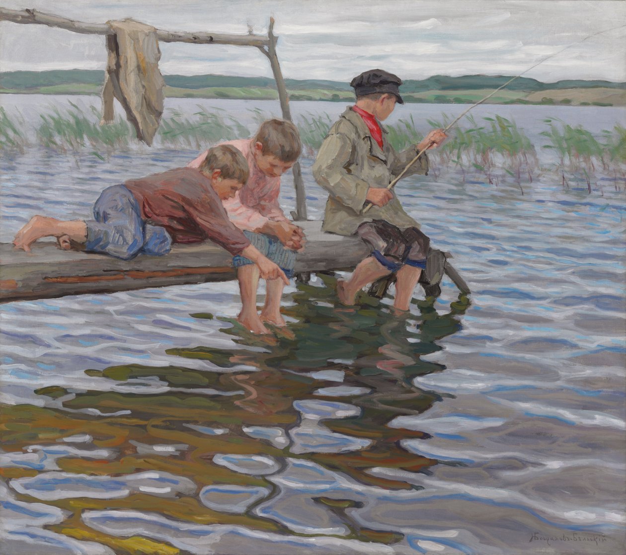 Chłopcy łowią ryby na molo autorstwa Nikolai Petrovich Bogdanov Belsky