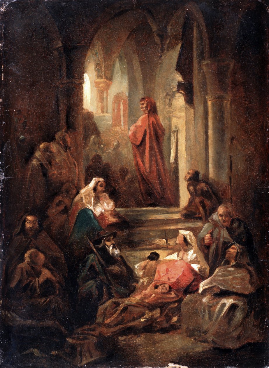 Scena z życia Dantego Alighieri (1265-1321) (Scena z życia Dantego Alighieri). Praca Nikołaja Pietrowicza Lomtewa (1816-1859), olej na tekturze autorstwa Nikolai Petrovich Lomtev