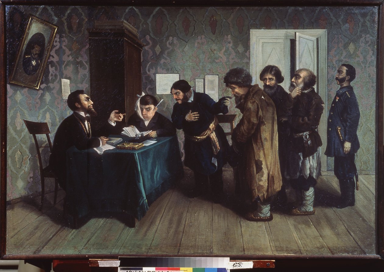 Sąd polubowny w województwach. Codzienna scena sprawiedliwości. Obraz Nikołaja Pietrowicza Zagorskiego (1849-1893), olej na płótnie autorstwa Nikolai Petrovich Zagorsky