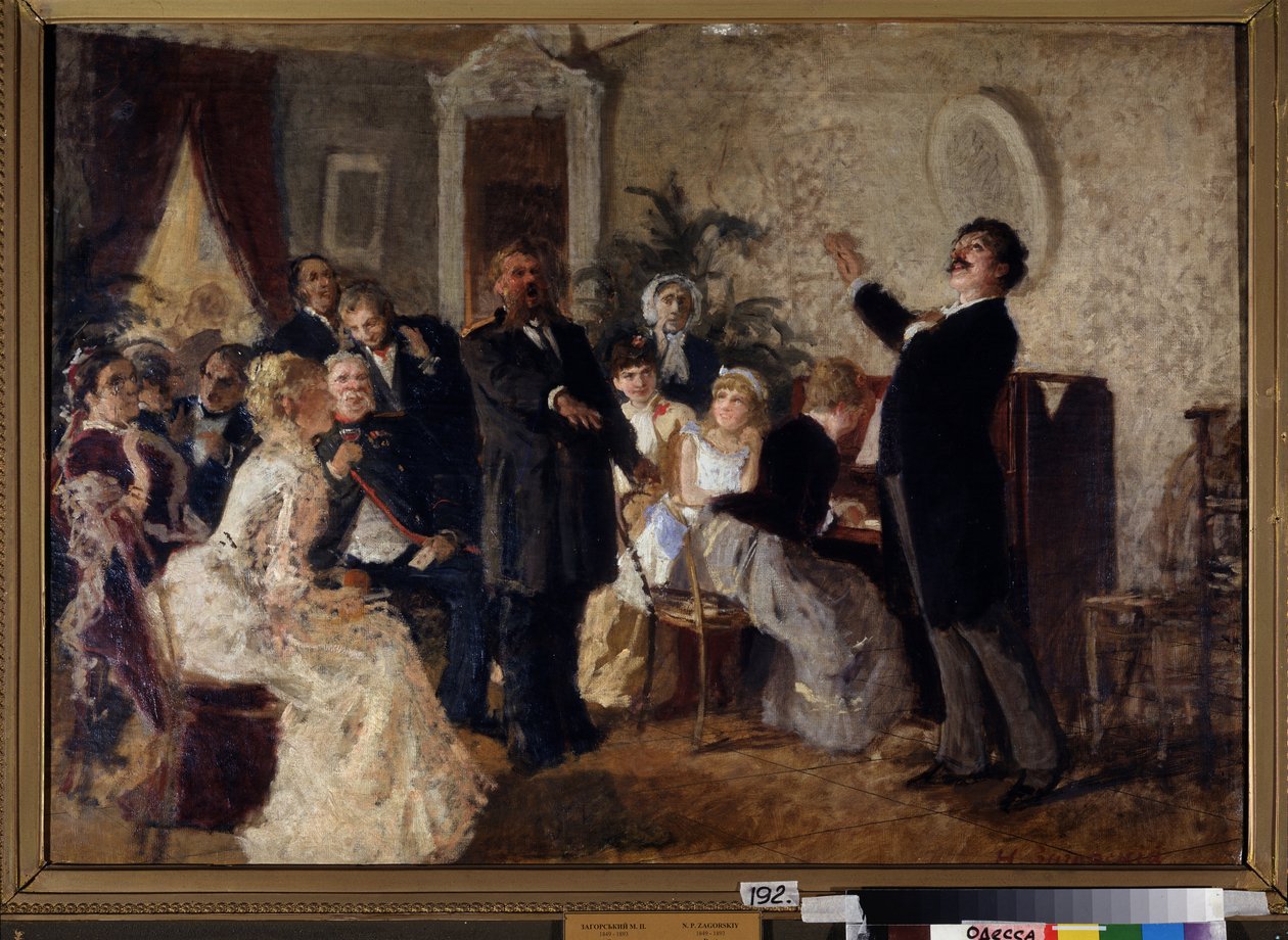 Duet. (Śpiewacy dają koncert w prywatnym pokoju). Obraz Nikołaja Pietrowicza Zagorskiego (1849-1893), olej na płótnie. Sztuka rosyjska autorstwa Nikolai Petrovich Zagorsky