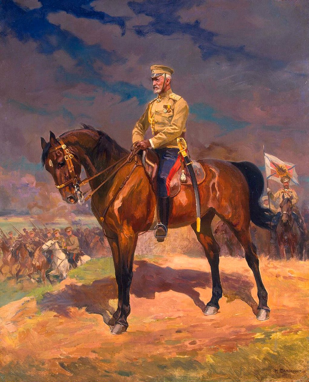 Portret wielkiego księcia Nikołaja Nikołajewicza 1856–1929 na koniu, lata 1910. autorstwa Nikolai Semyonovich Samokish