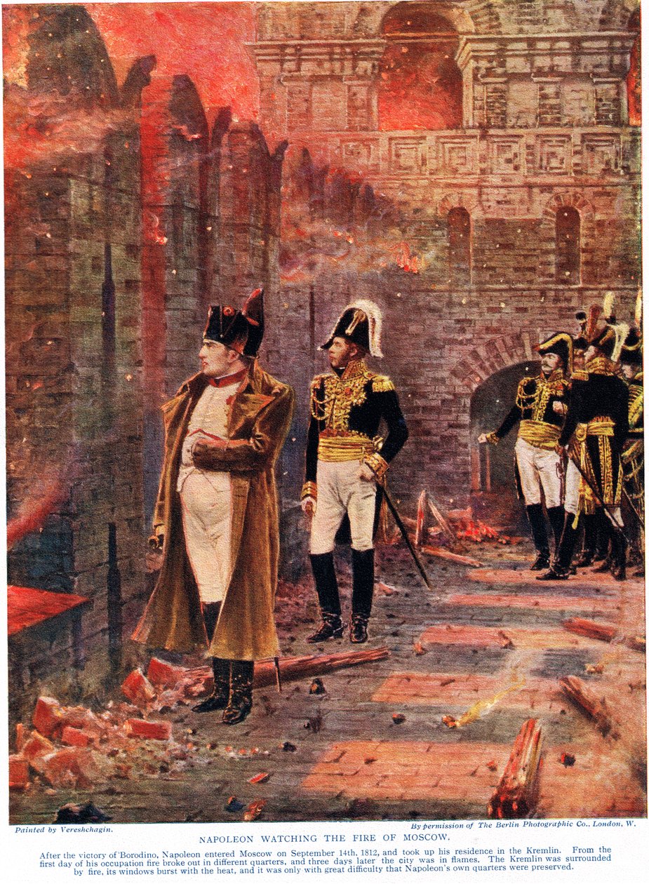 Napoleon oglądający ogień Moskwy, ilustracja z „Historia narodów Hutchinsonów”, ok. 1910 r. autorstwa Nikolai Stepanovich Vereshchagin