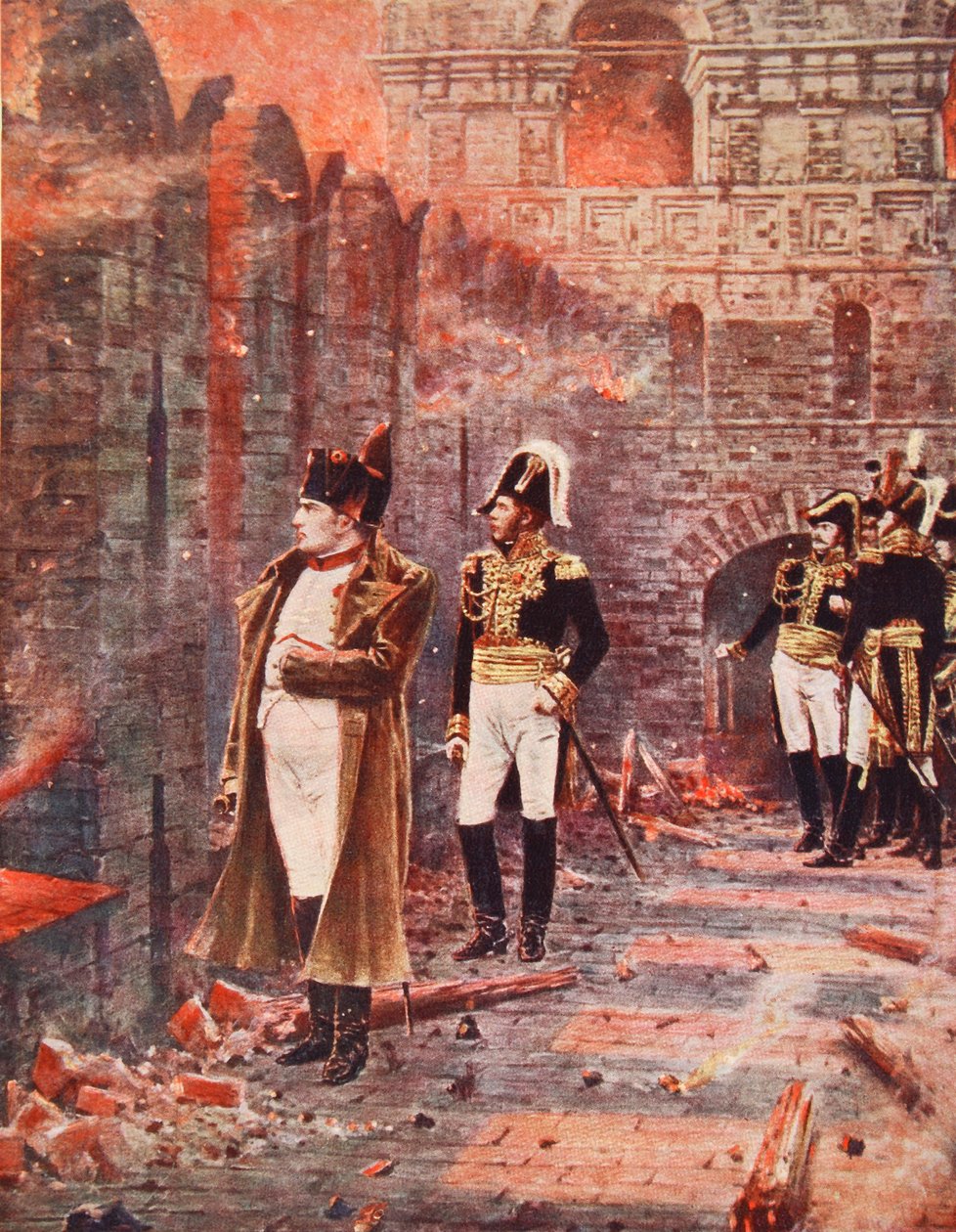Napoleon oglądający ogień Moskwy, ilustracja z „Historia narodów Hutchinsonów”, ok. 1910 r. autorstwa Nikolai Stepanovich Vereshchagin