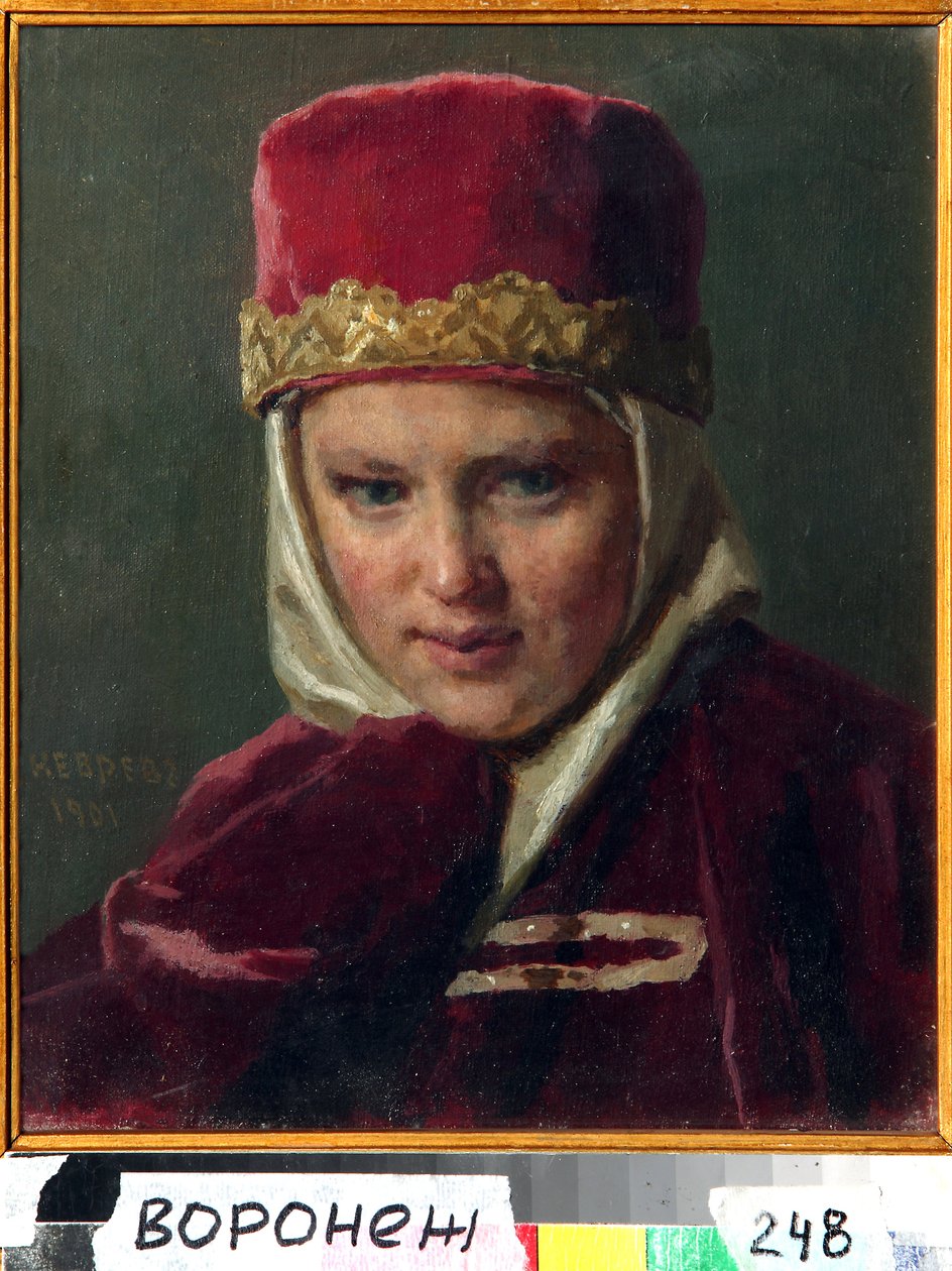 Boyar Woman (Bojar, Boiar) (Żona bojara). Noszenie tradycyjnych strojów starej Rosji, w Wielkim Księstwie Moskiewskim. Obraz Nikołaja Wasiljewicza Nevreva (1830-1904), olej na płótnie autorstwa Nikolai Vasilievich Nevrev
