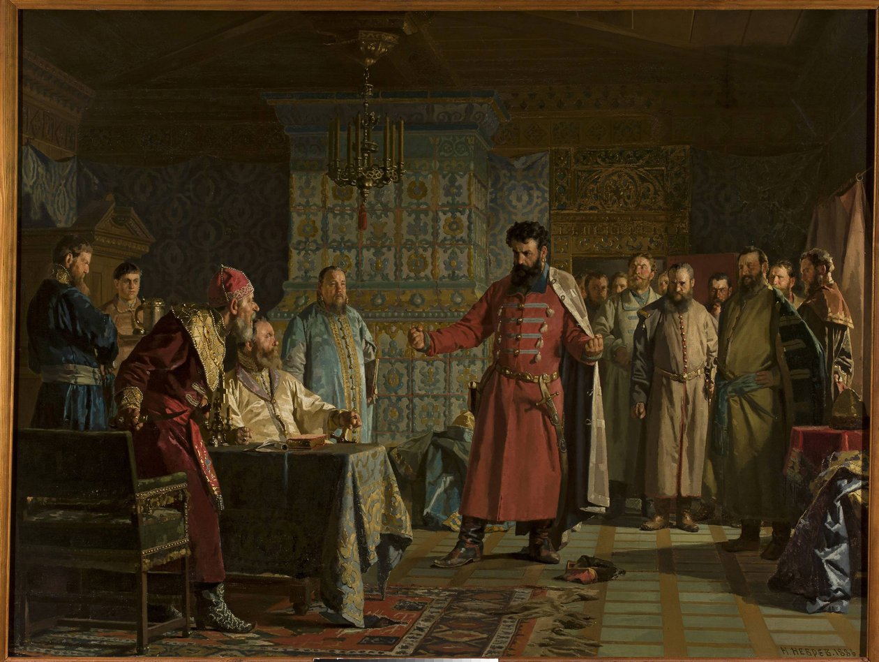Spór Zachariego Pietrowicza Lapunowa (zm. 1612) z carem Wasilijem IV Czouskim (1552-1612) na Kremlu, autorstwa Niewrewa, Nikołaja Wasiljewicza (1830-1904). olej na płótnie autorstwa Nikolai Vasilievich Nevrev