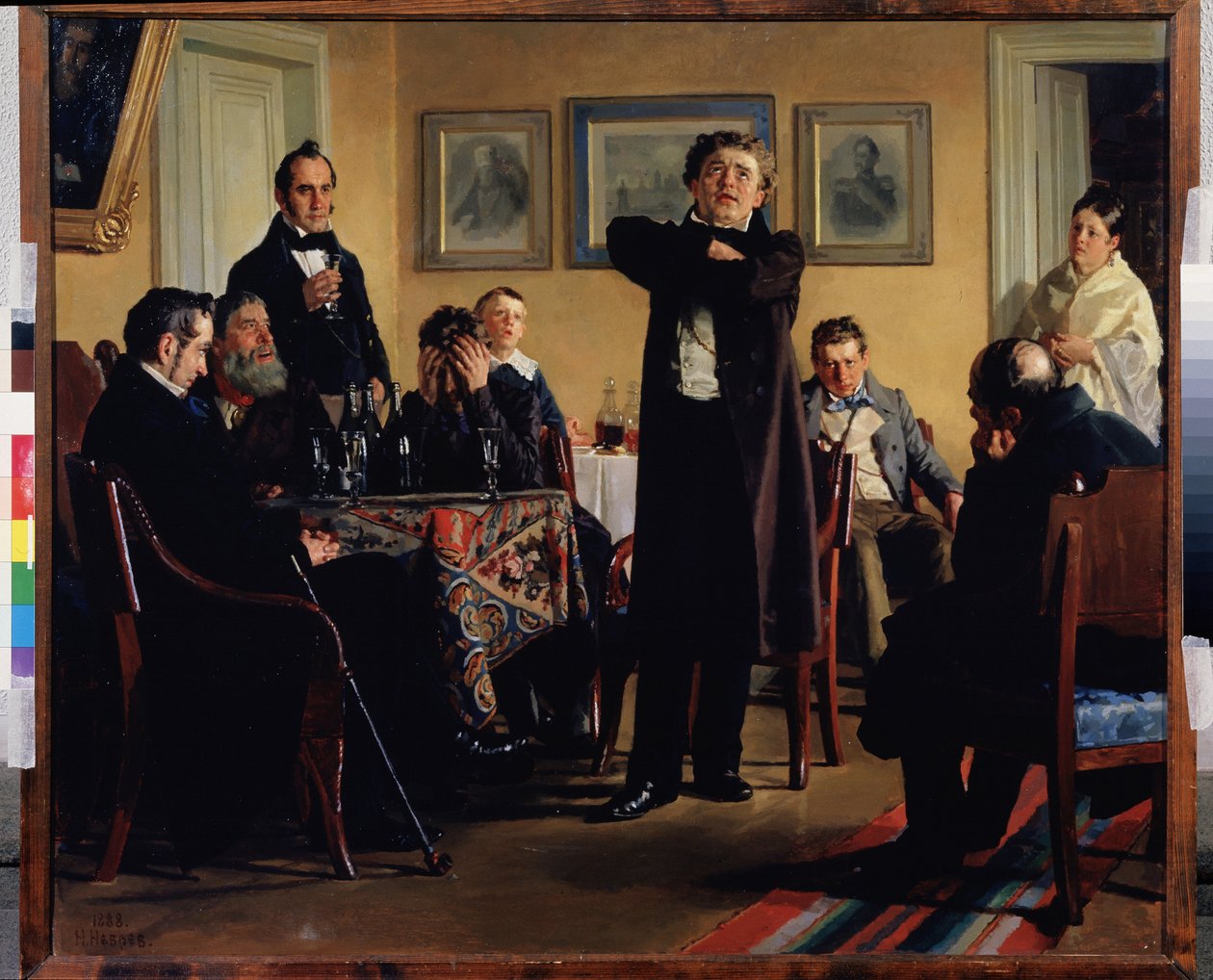 Aktor Pavel Mochalov (1808-1848) otacza swoich wielbicieli. (Aktor P. Mochałow wśród swoich fanów). Uznawany za największego tragika romantycznej Rosji, interpretuje rolę w prywatnym salonie, uważny i wzruszony widzami autorstwa Nikolai Vasilievich Nevrev