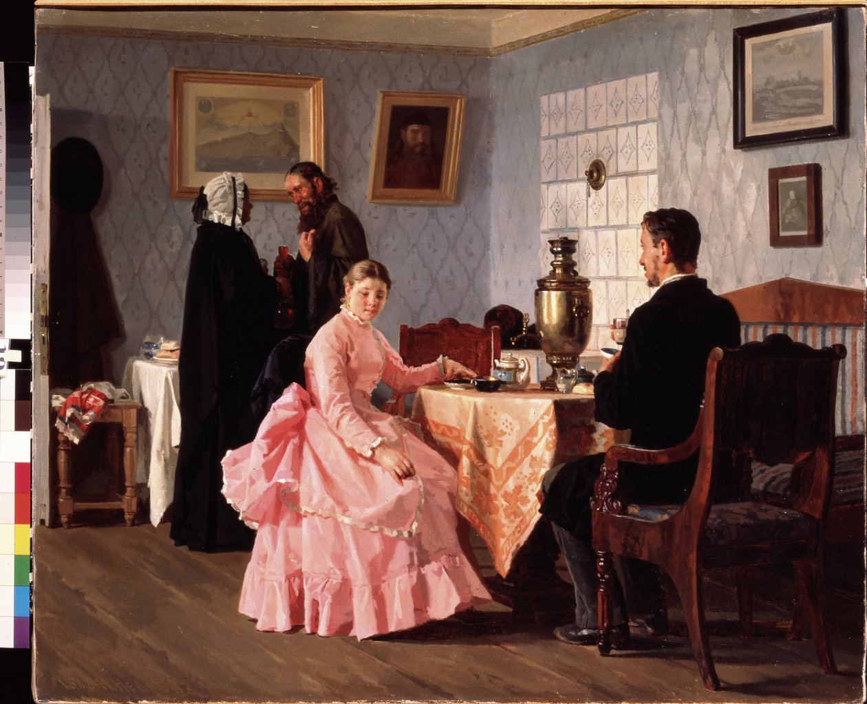 Swatanie. Spotkanie zorganizowane przy filiżance herbaty, na organizację wesela młodej pary. Obraz Nikołaja Wasiljewicza Nevreva (1830-1904), olej na płótnie autorstwa Nikolai Vasilievich Nevrev