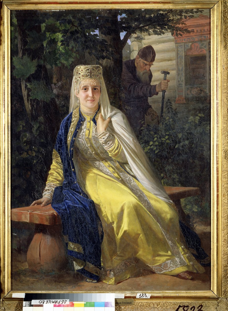 Wasilisa Mielentiewa (zm. 1579) i car Iwan IV Groźny (1530-1584) (Wasylisa Mielentiewna i car Iwan Groźny). Szósta żona cara Rosji, zanim została skazana na dożywotnie zamknięcie w klasztorze przez męża, gdy ten autorstwa Nikolai Vasilievich Nevrev