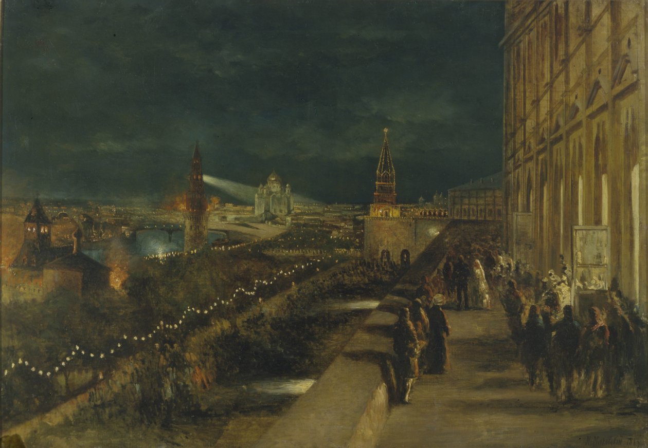 Iluminacja Moskwy z okazji koronacji cesarza Aleksandra III 15 maja 1883 r. autorstwa Nikolai Yegorovich Makovsky