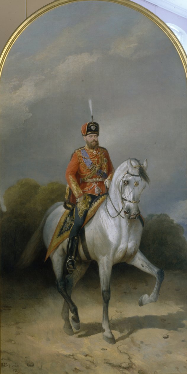 Portret cesarza Aleksandra III 1845-1894 w mundurze pułku husarskiego gwardii leibskiej, 1881 autorstwa Nikolai Yegorovich Sverchkov