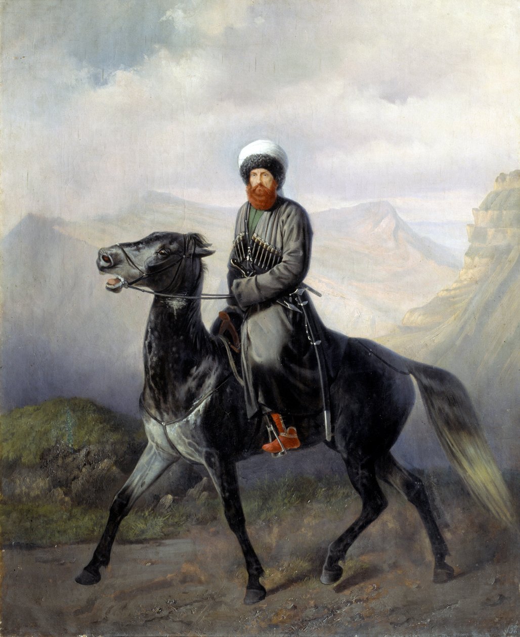 Portrait equestre de Chamil (Imam Chamil, Shamil) (1797-1871), chef des tribus musulmanes du Caucase nord (Portret przywódcy politycznego i religijnego muzułmańskich plemion Północnego Kaukazu Imama Szamila) - Peinture de Nikolai Yegorovich Sverchov autorstwa Nikolai Yegorovich Sverchov