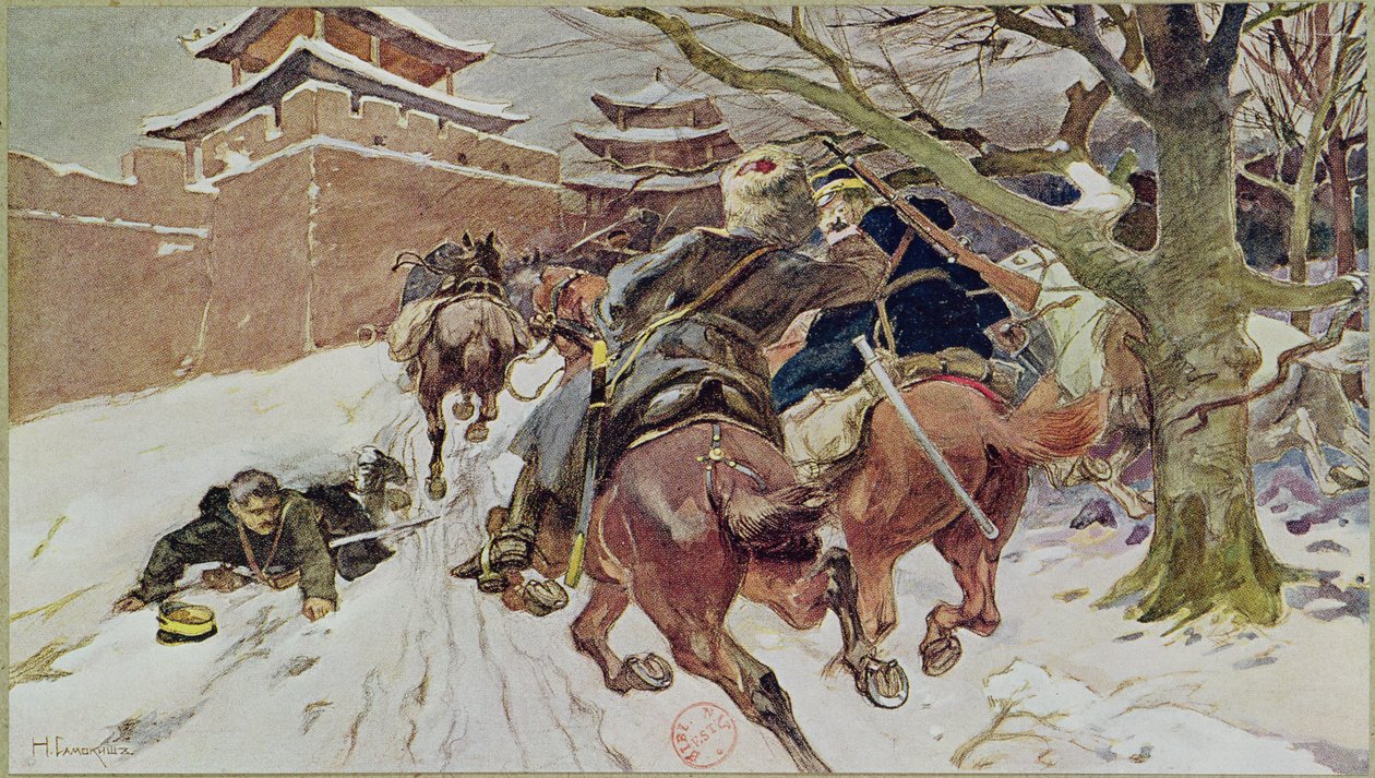 Starcie kawalerii w Mukden, 25 lutego 1905. 1907 autorstwa Nikolaj Semenovic Samokis