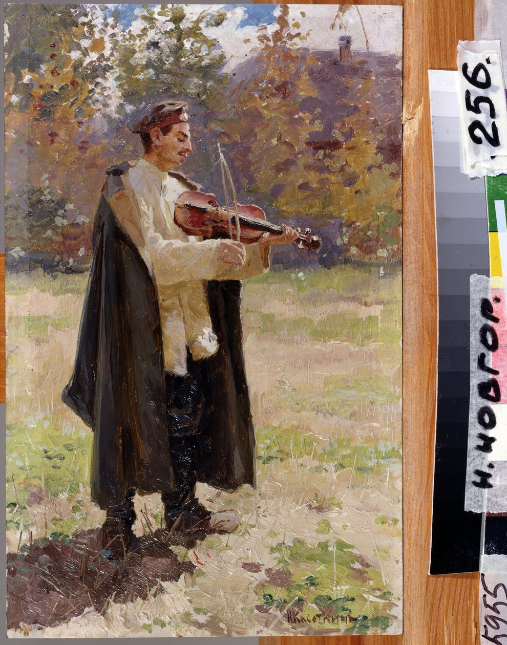 Piosenka domowa. Żołnierz grający na skrzypcach. (Piosenka domowa. Żołnierz gra na skrzypcach). Obraz Nikołaja Aleksiejewicza Kasatkina (Kasatkina) (1859-1930), olej na płótnie autorstwa Nikolaj Alekseevich Kasatkin