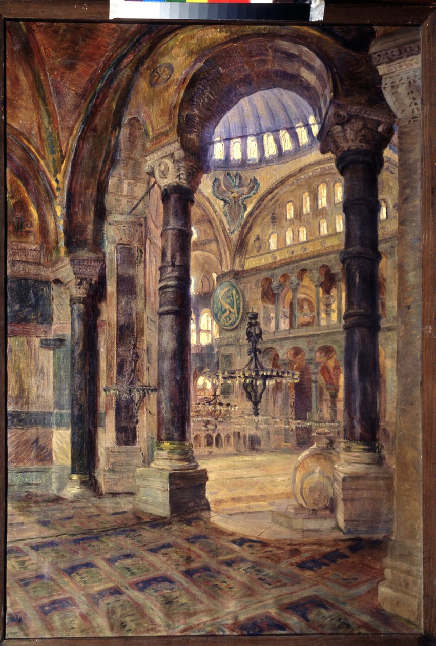Hagia Sophia (Hagia Sophia) w Konstantynopolu (Stambuł, Turcja) (Hagia Sophia w Konstantynopolu). Widok wnętrza meczetu, architektura bizantyjska. Obraz Nikołaja Aleksiejewicza Kasatkina (Kasatkine) (1859-1930), olej na płótnie, koniec XIX wieku. Sztuka autorstwa Nikolaj Alekseevich Kasatkin