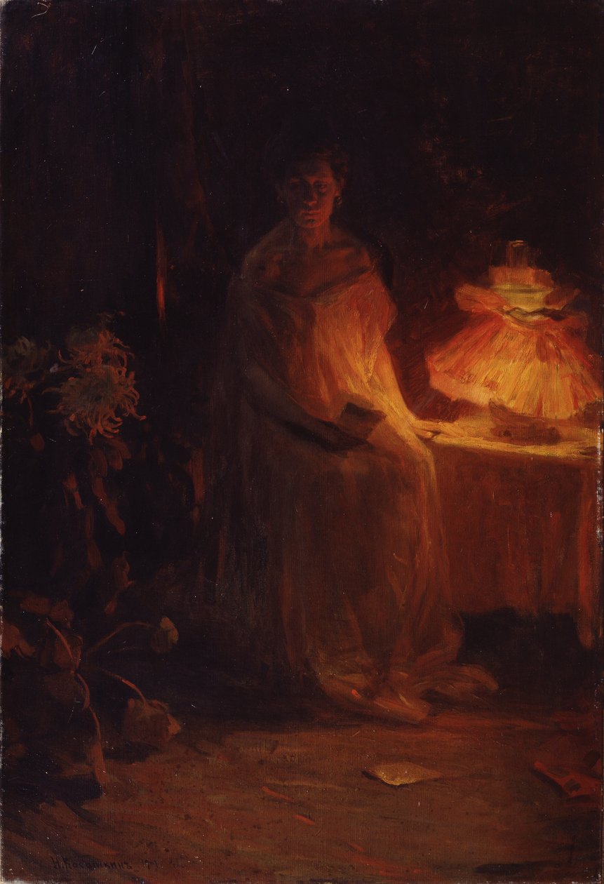 List (List). Smutna kobieta o bardzo melancholijnej twarzy, w nocnej koszuli, przy lampce nocnej, trzyma list, którego koperta spadła na podłogę. Obraz Nikołaja Aleksiejewicza Kasatkina (Kasatkina) (1859-1930), olej na płótnie autorstwa Nikolaj Alekseevich Kasatkin