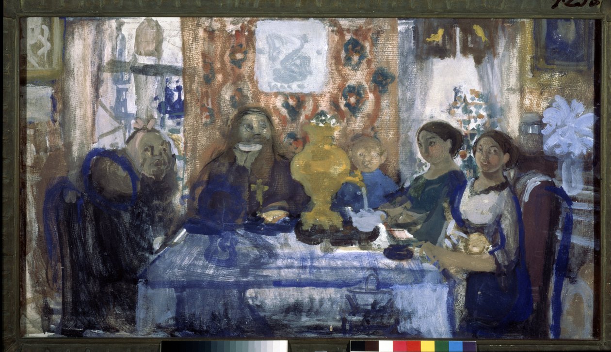 Pić herbatę. Rodzina zebrała się wokół stołu z samowarem pośrodku. Praca Nikołaja Nikołajewicza Sapunowa (Sapunowa) (1880-1912), tempera na tekturze autorstwa Nikolaj Nikolaevic Sapunov