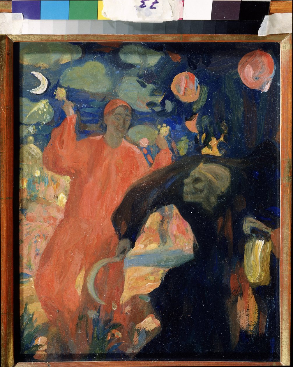 Pamięci Nikołaja Sapunowa (Sapunowa) (1880-1912) (Pamięci N. Sapunowa). Uosobienie śmierci kłania się i ucieka przed uśmiechniętą postacią życia, machającą marakasami. Praca Nicolasa (Nikolai) Dimitrievich Millioti (1874-1962), olej na karcie autorstwa Nikolaj Nikolaevic Sapunov