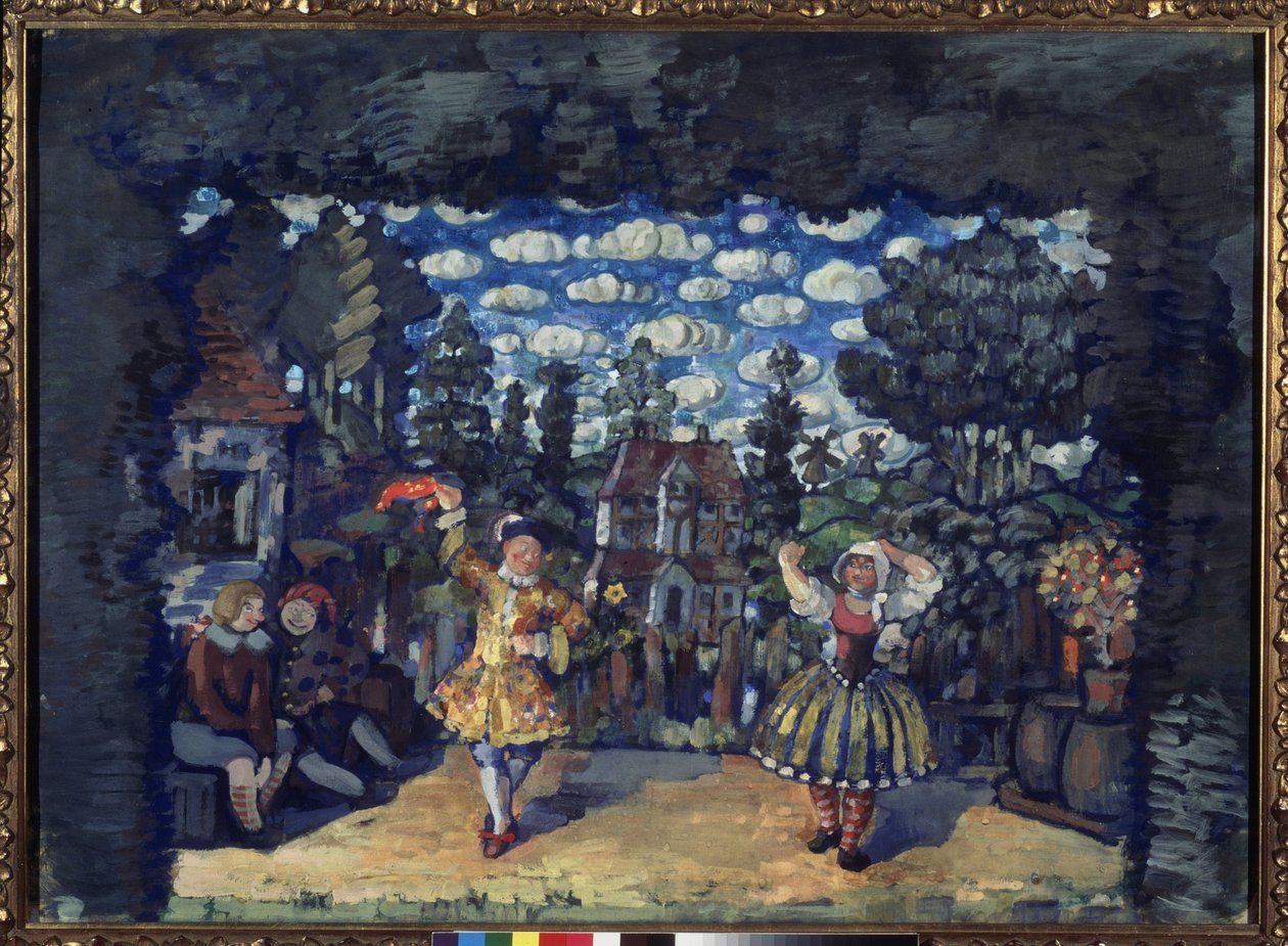 Hotel u Zielonego Byka. Dekoracja przygotowawcza do spektaklu „Holenderka Lisa” Michaiła Kouzmina (1875-1936). Praca Nikołaja Nikołajewicza Sapunowa (Sapunowa) (1880-1912), tempera na tekturze autorstwa Nikolaj Nikolaevic Sapunov