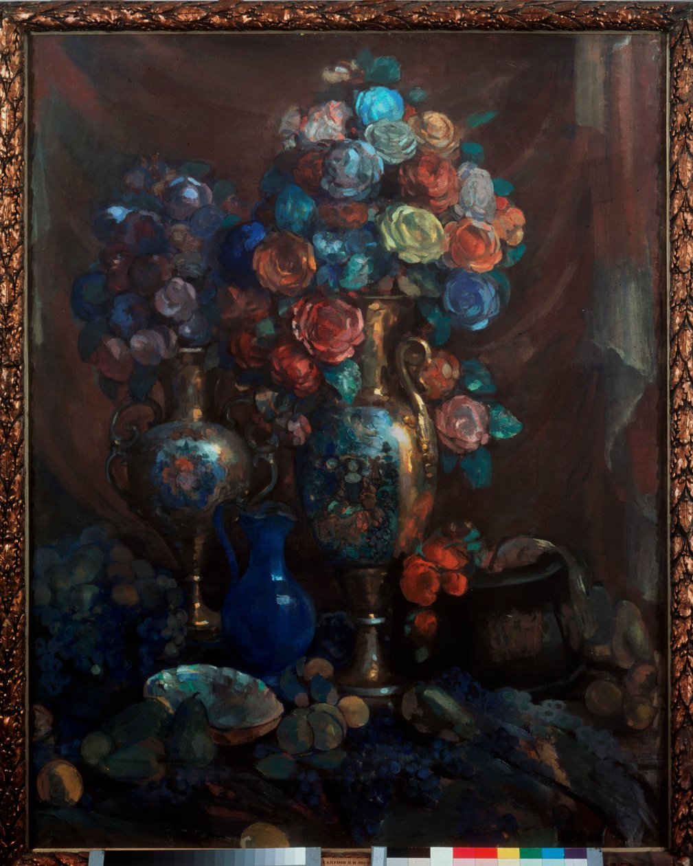 Martwa natura (Wazony, kwiaty i owoce) - Martwa natura (Wazony, kwiaty i owoce) - Grafika Nikołaja Nikołajewicza Sapunowa (Sapunowa) (1880-1912), tempera na płótnie autorstwa Nikolaj Nikolaevic Sapunov