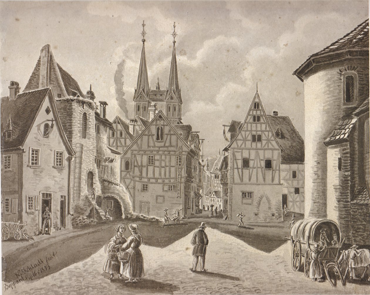 Burgplatz przed zamkiem elektorskim Boppard około 1853 r. autorstwa Nikolaus Schlad