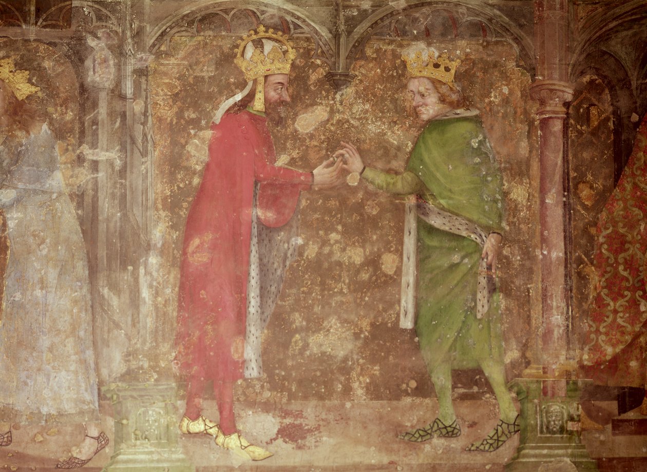 Święty cesarz rzymski Karol IV otrzymujący cierń z korony Chrystusa od króla francuskiego, Jeana II, z kaplicy Matki Bożej, 1357-60 (zob. także 204544 i 397961) autorstwa Nikolaus Wurmser
