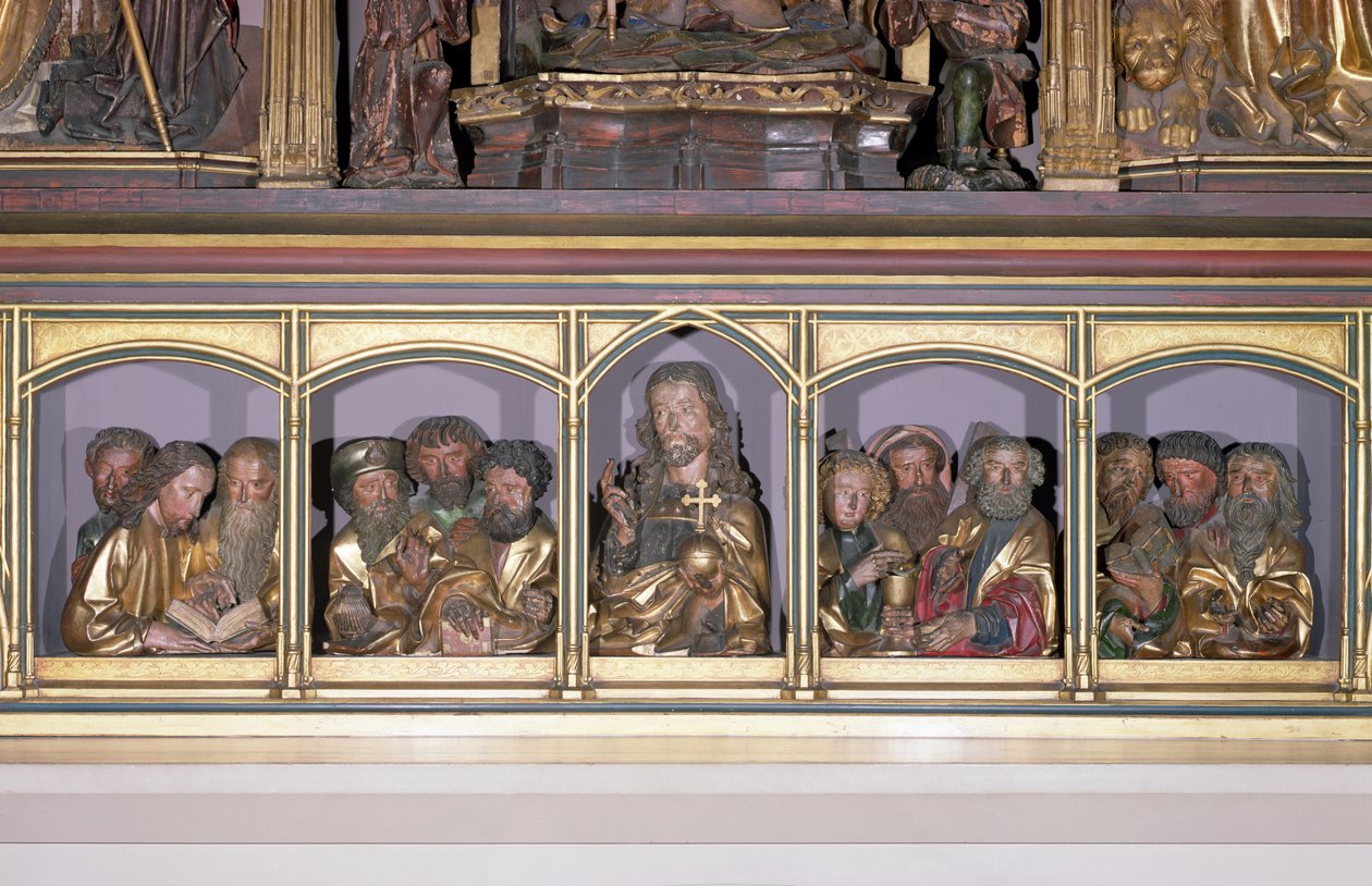 Drewniane rzeźby Chrystusa i Dwunastu Apostołów, z predelli retabulum Ołtarza Isenheim, ok. 1490 (drewno malowane) autorstwa Nikolaus Hagenauer