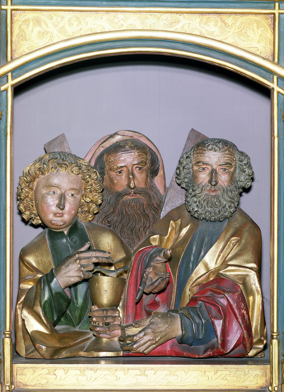 Drewniane rzeźby SS. Jan, Andrzej i Piotr, z predelli ołtarza z Isenheim, ok. 1490 (drewno malowane) autorstwa Nikolaus Hagenauer